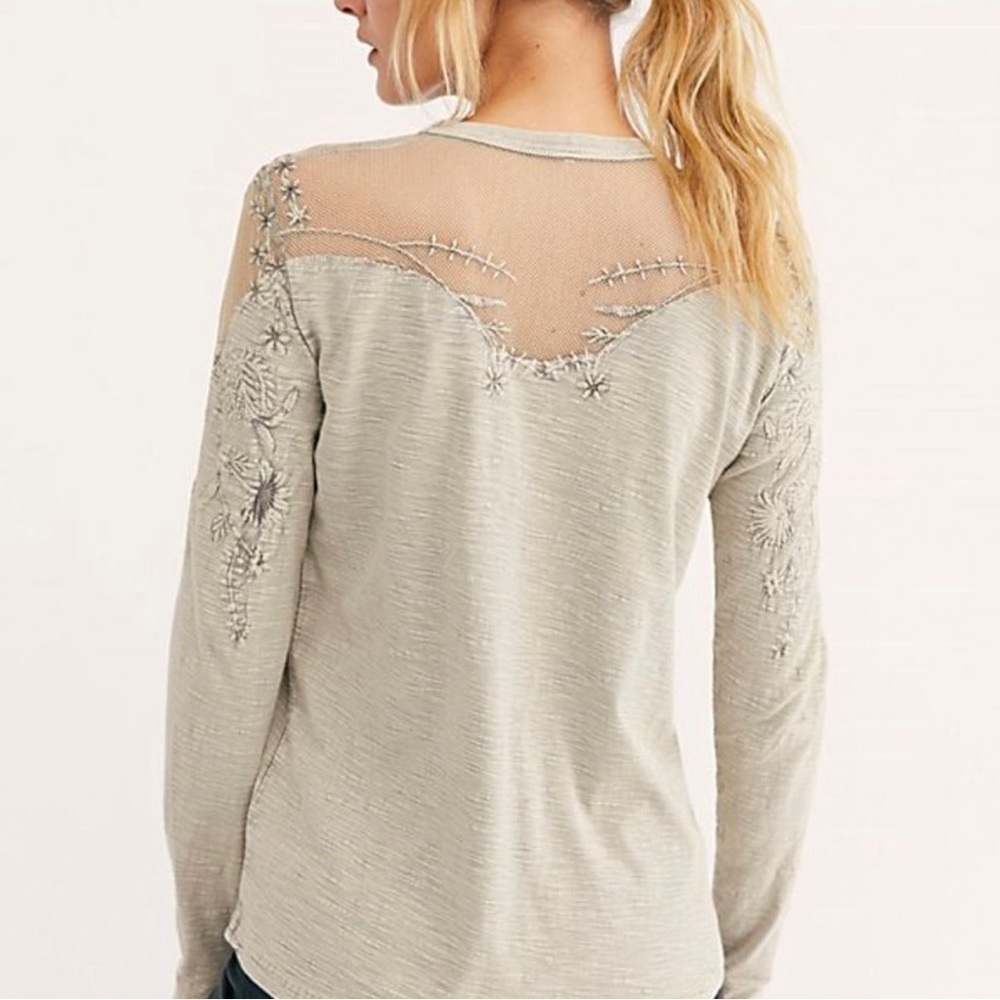 Free People Micha embroidered mesh beaded long sleeve tee gray combo - Picture 2 of 8